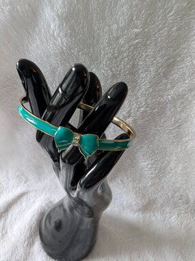 Vintage Teal Enamel & Gold-Tone Bow Bangle - Crystal Accented Slim Cuff